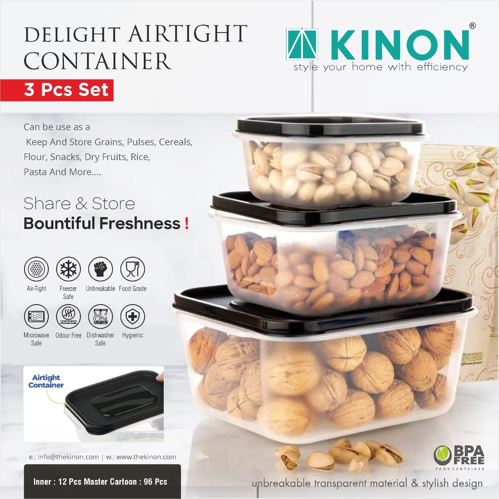 3 Pcs Air Tight Conatainer Black Lid (Pack Of 3)