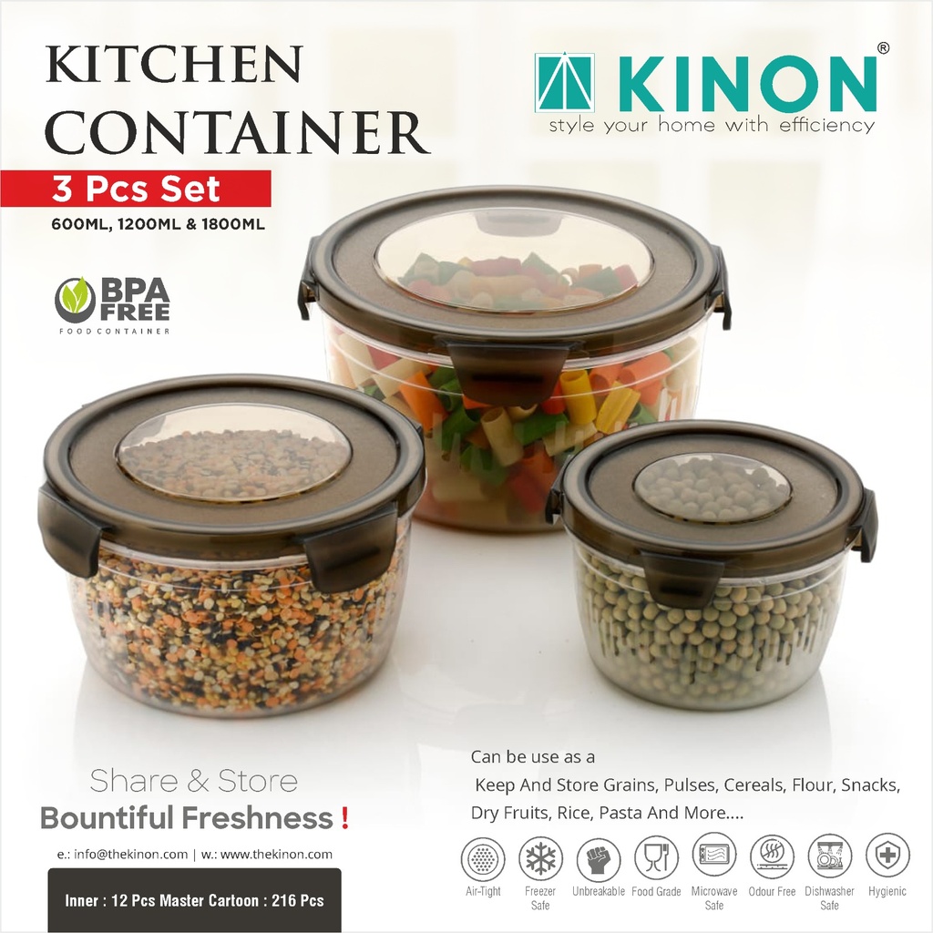3 Kitchen Container 600ml 1200ml 1800ml